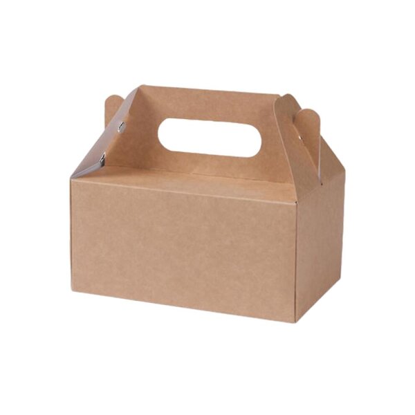Karton-Gebäckbox, Tragegriff, faltbar, 180x110x90mm, Kraft-Braun