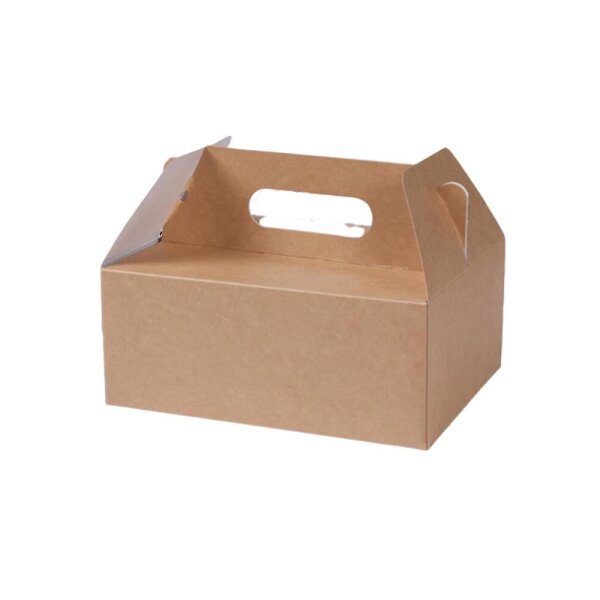 Karton-Gebäckbox, Tragegriff, faltbar, 210x160x90mm, Kraft-Braun