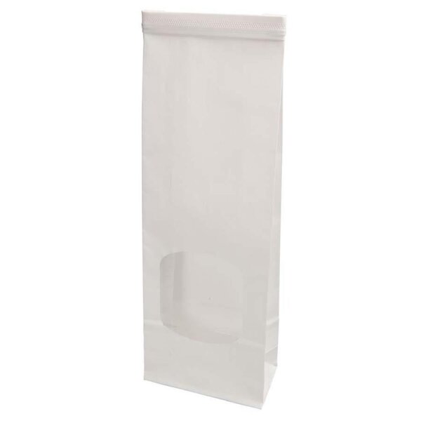 Papier-Blockbodenbeutel, PLA-Sichtfenster, Clipband, PP-Innenbeschichtung, 90x45x260mm, weiß