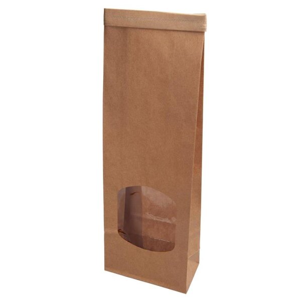 BIO Papier-Blockbodenbeutel, PLA-Sichtfenster, Clipband, 90x45x260mm, braun