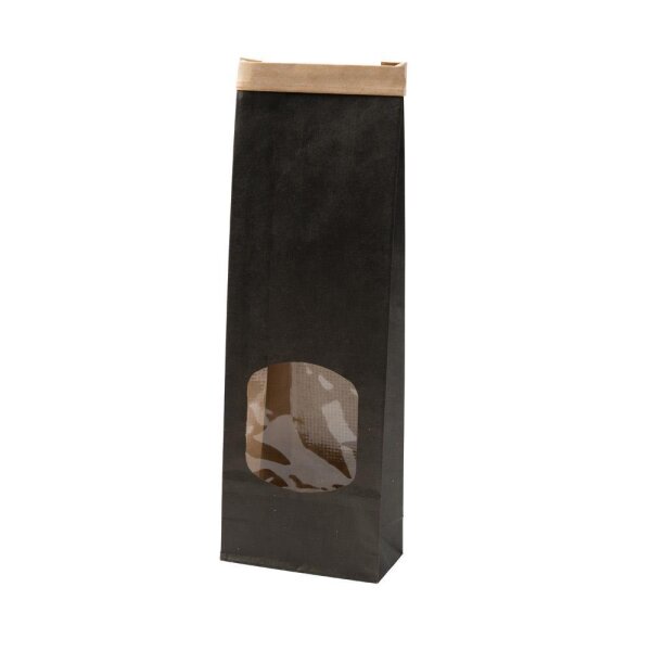 Papier-Blockbodenbeutel, PLA-Sichtfenster, Clipband, PP-Innenbeschichtung, 90x45x260mm, schwarz