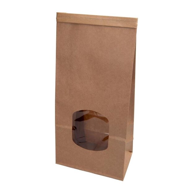 BIO Papier-Blockbodenbeutel, PLA-Sichtfenster, Clipband, PLA-Innenbeschichtung, 115x70x245mm, braun