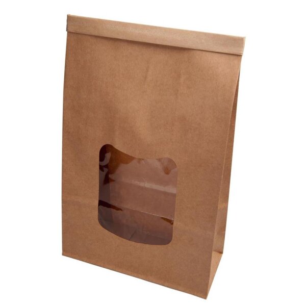 BIO Papier-Blockbodenbeutel, PP-Sichtfenster, Clipband, PP-Innenbeschichtung, 155x70x240mm, braun