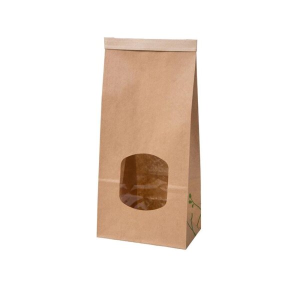 BIO Papier-Blockbodenbeutel, PLA-Sichtfenster, Clipband, PLA-Innenbeschichtung, 90x45x260mm, braun