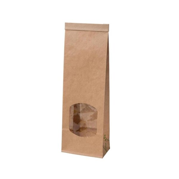 BIO Papier-Blockbodenbeutel, PLA-Sichtfenster, Clipband, 115x70x245mm, braun