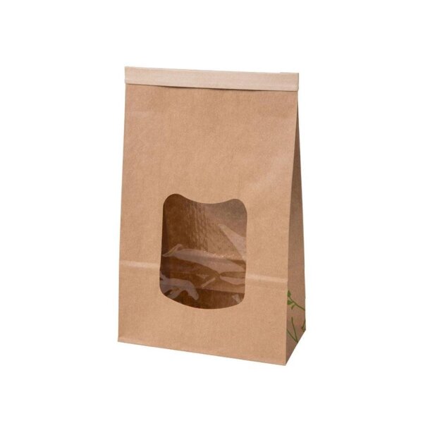 BIO Papier-Blockbodenbeutel, PLA-Sichtfenster, Clipband, PLA-Innenbeschichtung, 155x70x240mm, braun