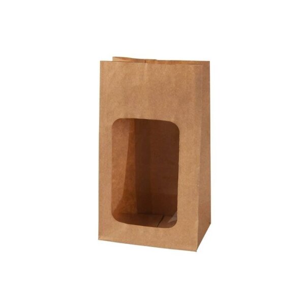BIO Papier-Blockbodenbeutel, PLA-Sichtfenster, 100x60x197mm, braun
