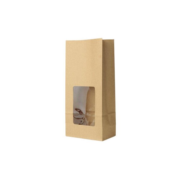 BIO Papier-Blockbodenbeutel, PLA-Sichtfenster, 110x60x235mm, braun