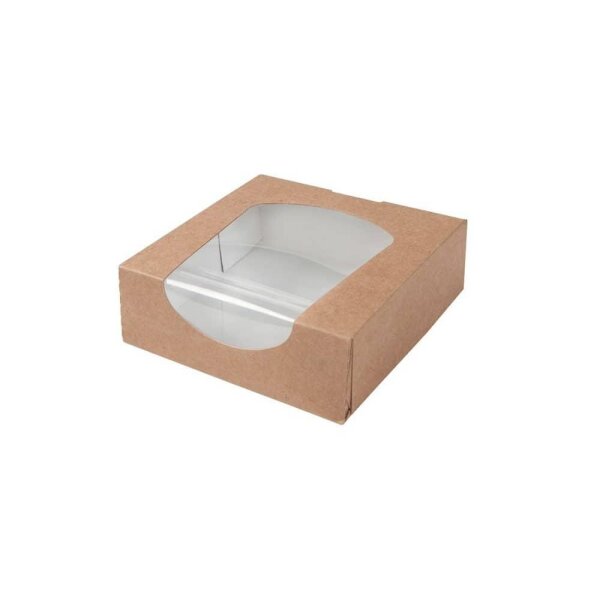 BIO Karton-Gebäckbox, PLA-Sichtfenster, 600ml, 120x120x40mm, Kraft-Braun