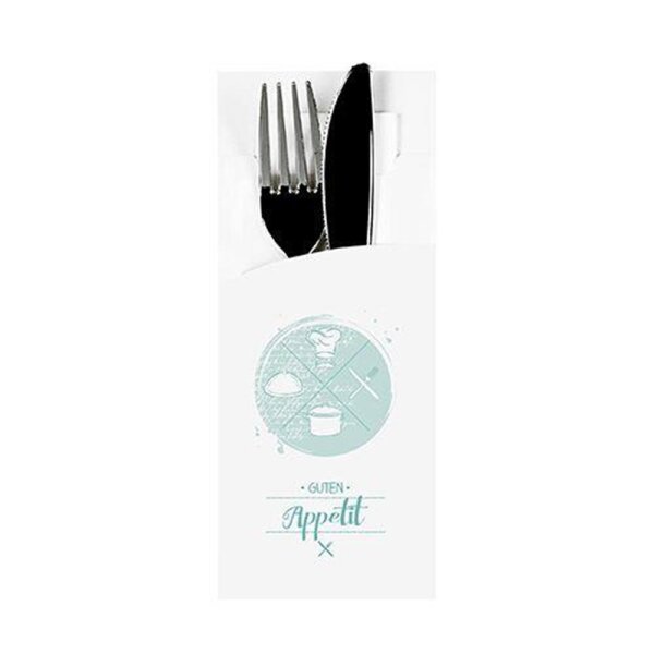 Bestecktasche, 20x8,5cm, "Guten Appetit" + Servietten, 33x33cm, 2-lagig, Weiß