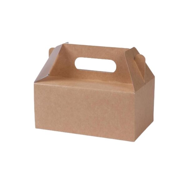 Karton-Gebäckbox, Tragegriff, faltbar, 215x150x115mm, Kraft-Braun
