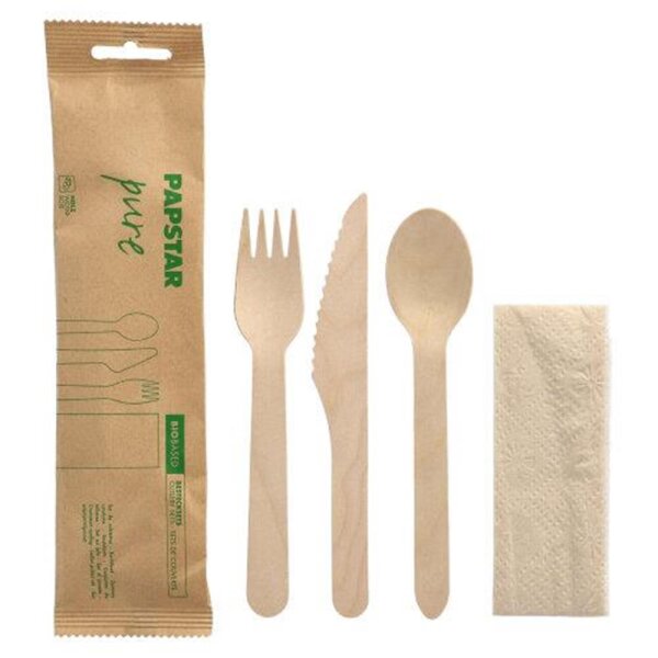 Holz-Besteckset "pure", Messer, Gabel, Löffel, Serviette in Papierbeutel